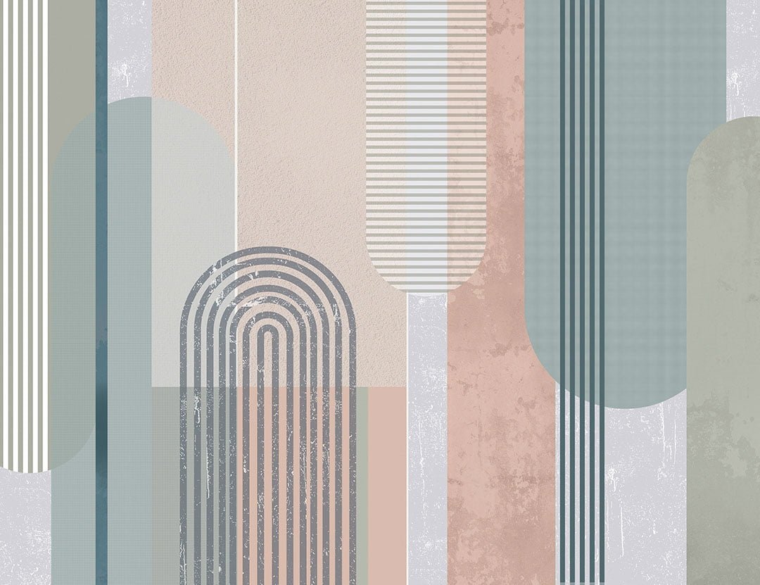 Pastel geometric wall mural with arches and shapes