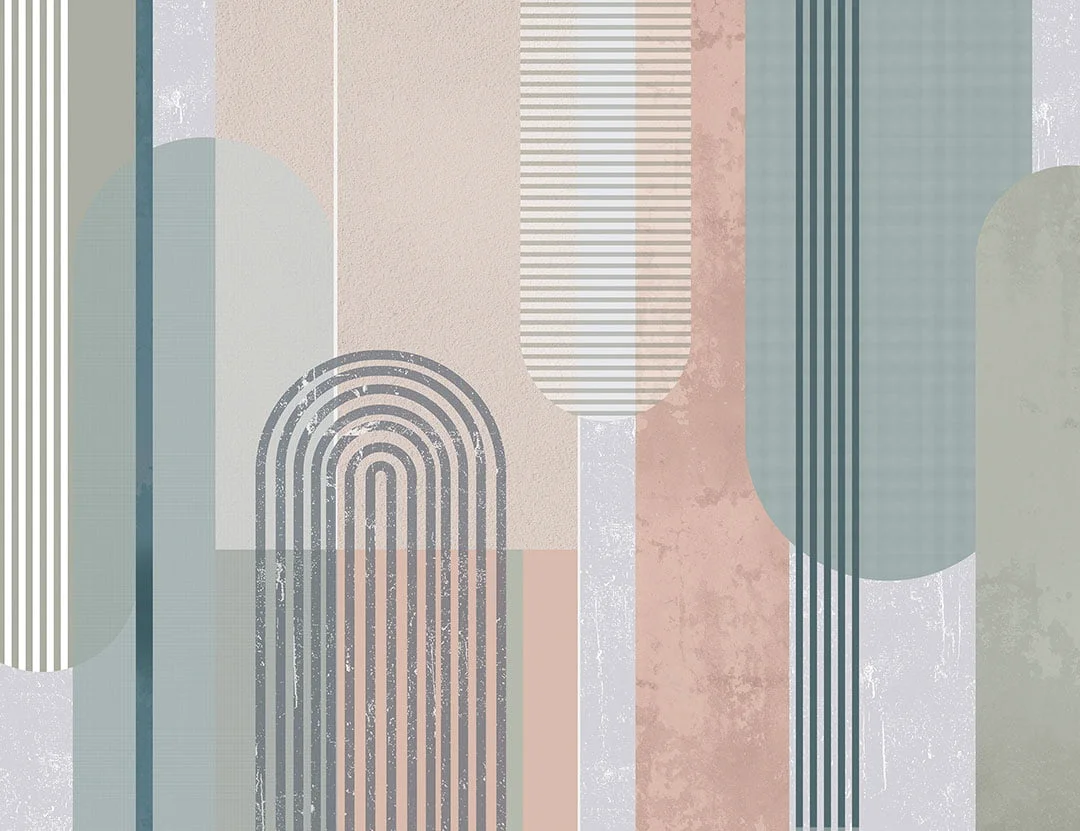 Pastel geometric wall mural with arches and shapes