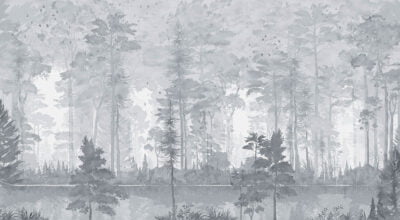 Watercolor forest wall mural in gray colors