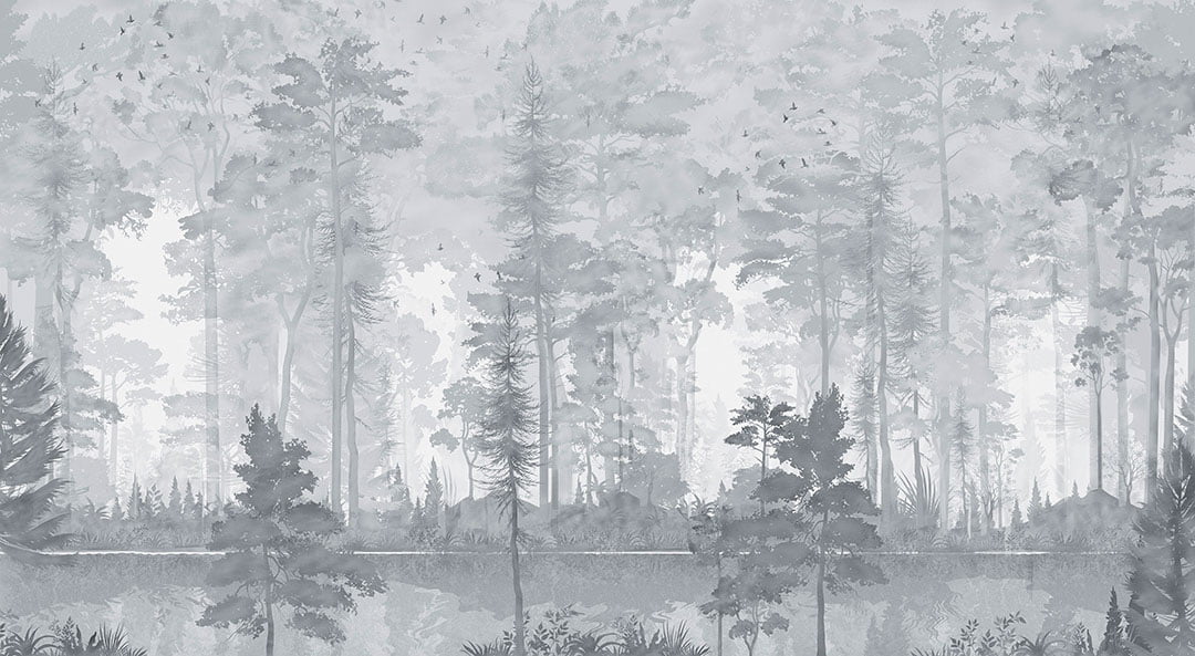 Watercolor forest wall mural in gray colors