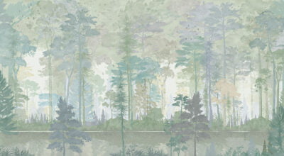 Watercolor wall mural with forest in green colors
