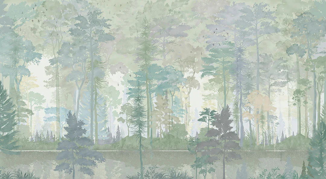 Watercolor wall mural with forest in green colors