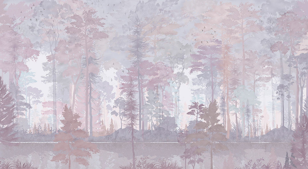 Watercolor forest wall mural in purple colors