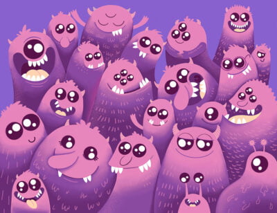 Funny purple cartoon monsters kids wall mural