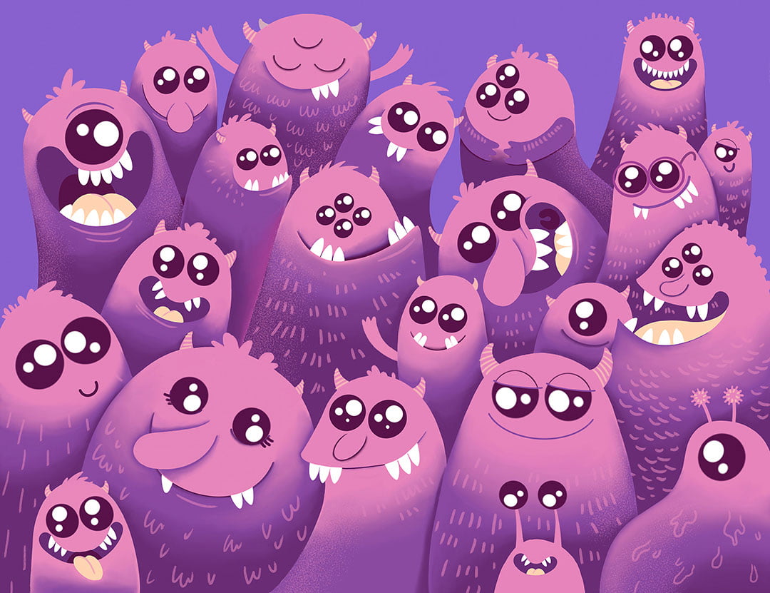 Funny purple cartoon monsters kids wall mural