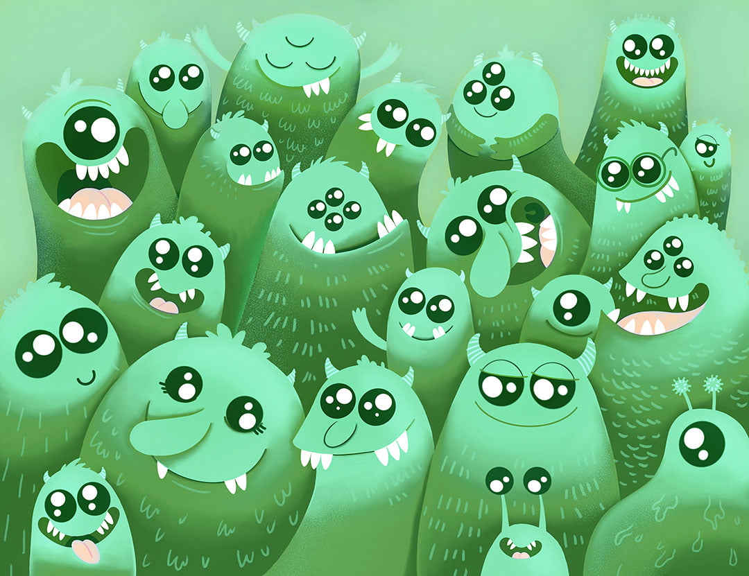 Funny green cartoon monsters kids wall mural