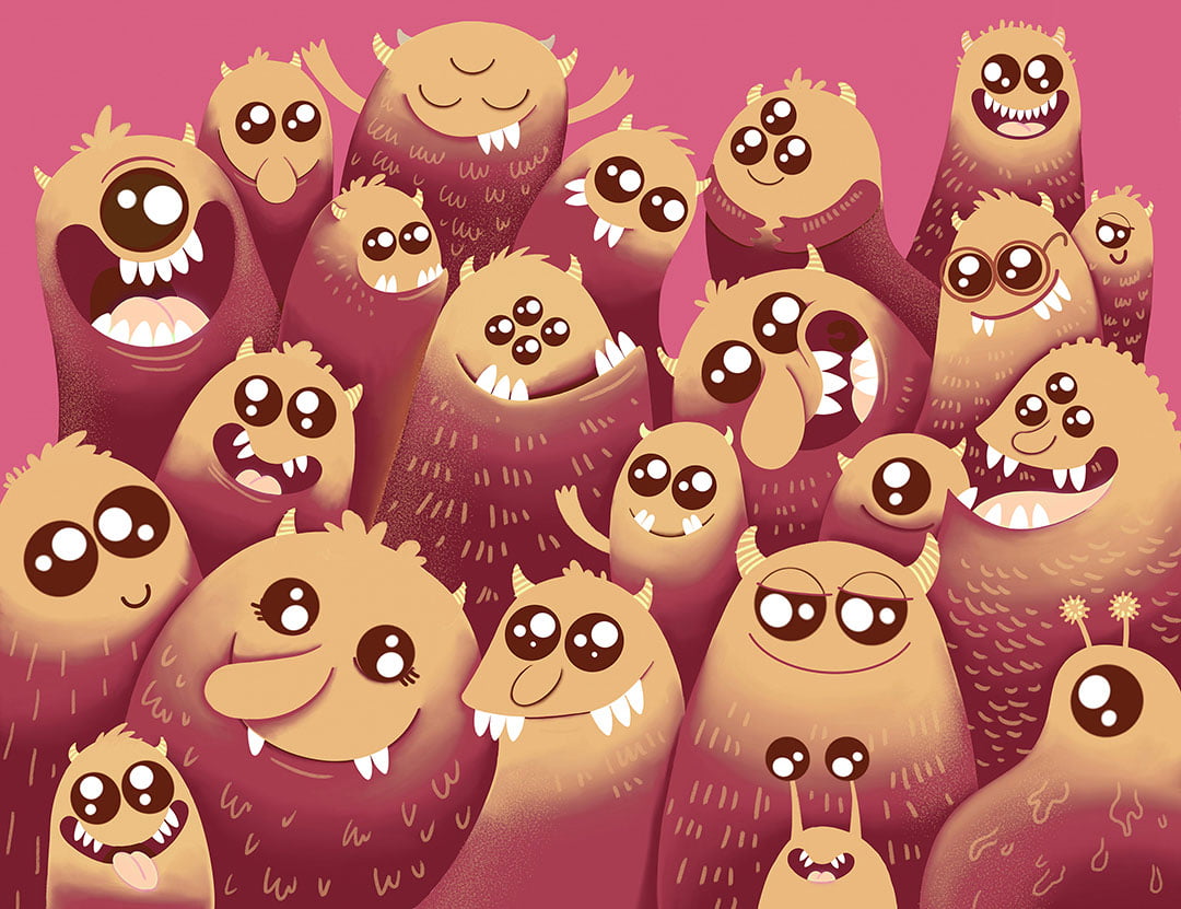 Funny orange cartoon monsters kids wall mural