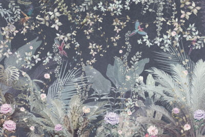 Vintage tropical wall mural with leaves and parrots in blue tones