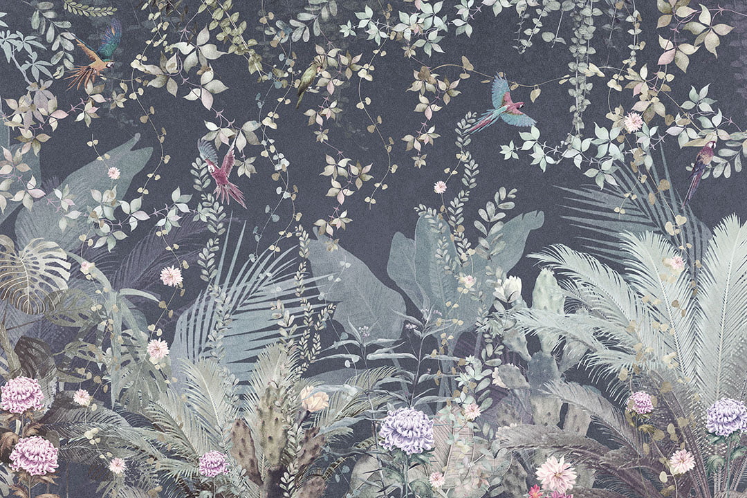 Vintage tropical wall mural with leaves and parrots in blue tones