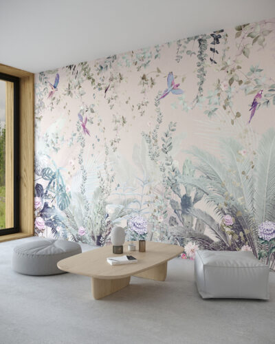 Tropical leaves with parrots wall mural for the living room