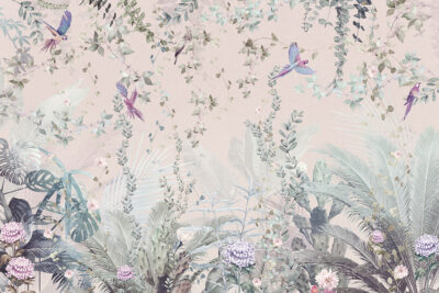 Tropical leaves with parrots wall mural in pink tones