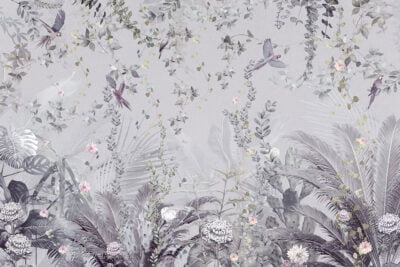 Tropical leaves with parrots wall mural in gray tones