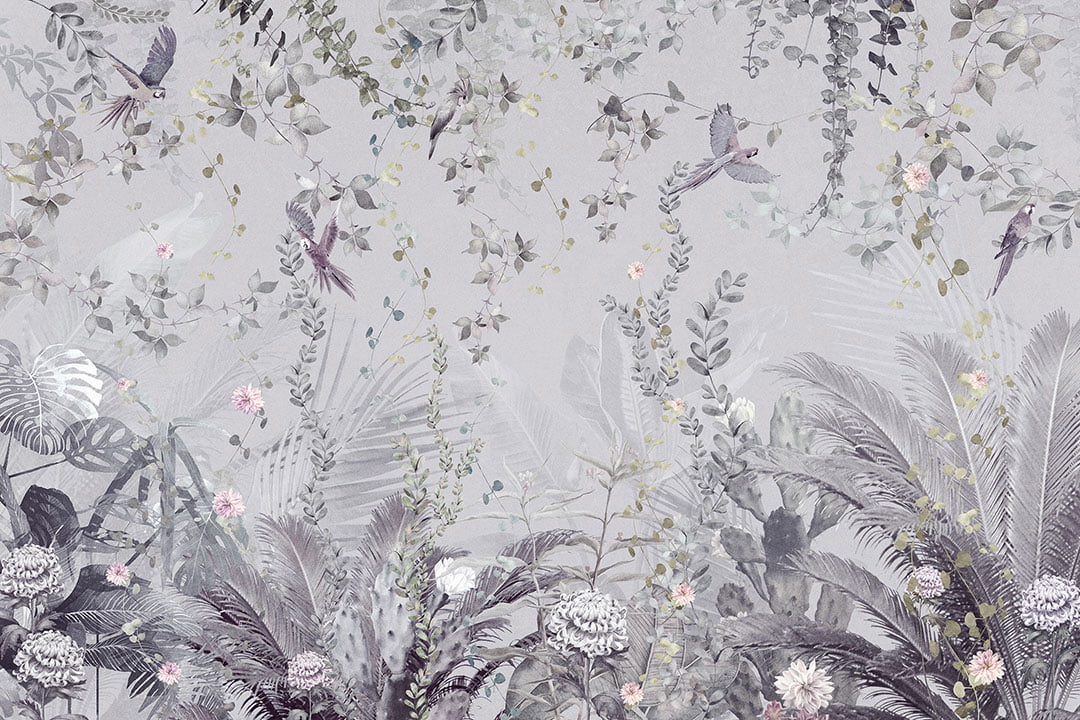 Tropical leaves with parrots wall mural in gray tones
