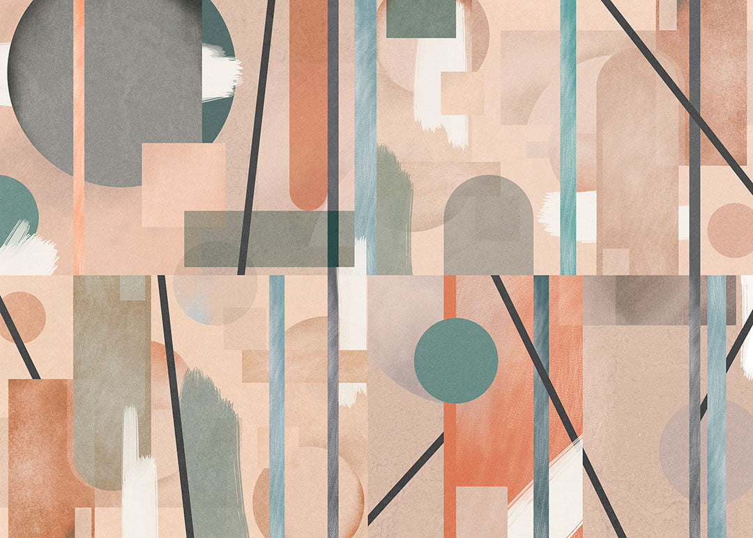 Geometric wall mural with pastel shapes in Art Deco style