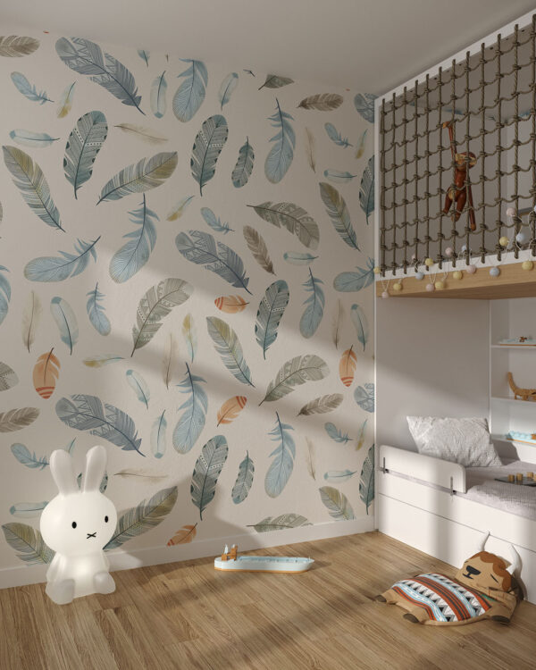 Feathers patterned wallpaper for a children's room in Boho style