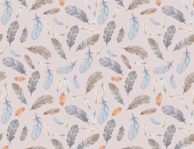 Wallpaper in Boho style with pattern of colorful feathers at the purple background