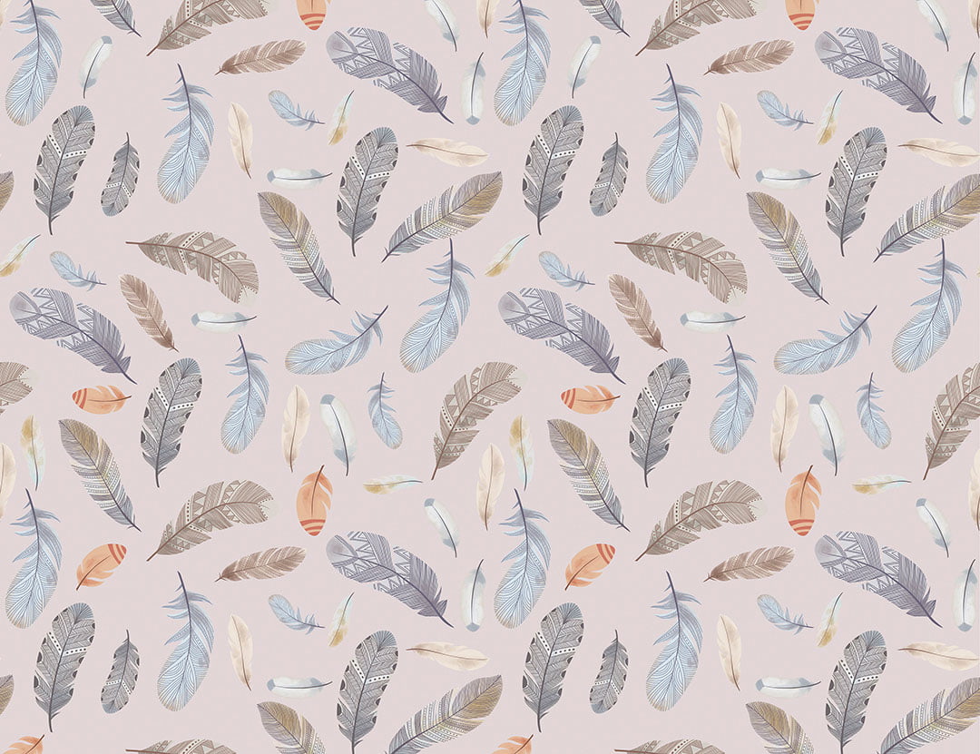 Wallpaper in Boho style with pattern of colorful feathers at the purple background