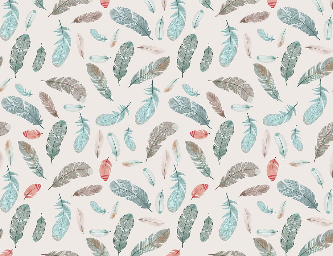 Designer wallpaper in Boho style with pattern of bright feathers