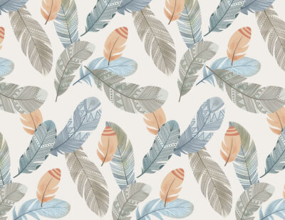Delicate blue, orange and gray feathers patterned wallpaper