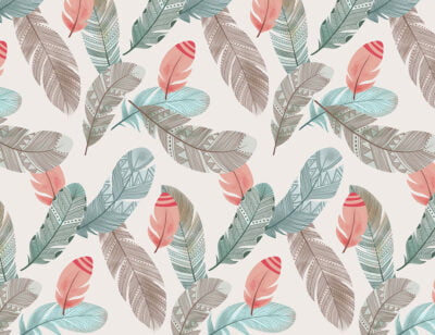 Delicate blue, red and gray feathers patterned wallpaper