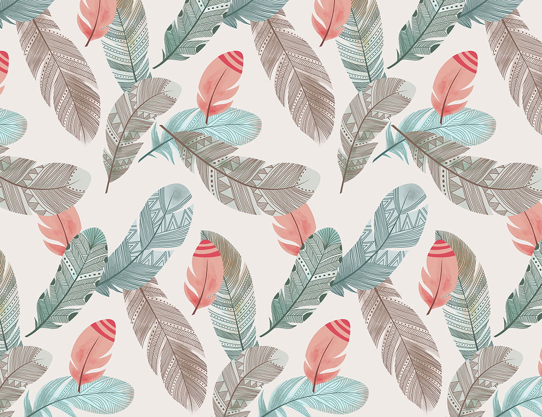 Delicate blue, red and gray feathers patterned wallpaper