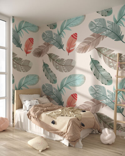 Blue feathers patterned wallpaper in Boho style for a children's room