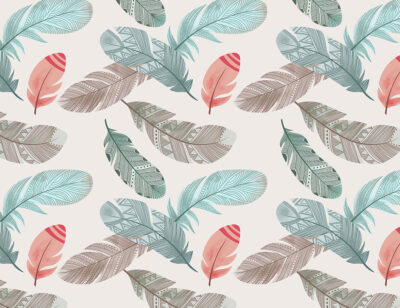 Blue, red and gray feathers patterned wallpaper in Boho style