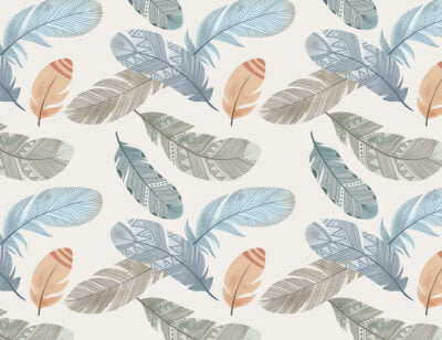 Blue, orange and gray feathers patterned wallpaper in Boho style