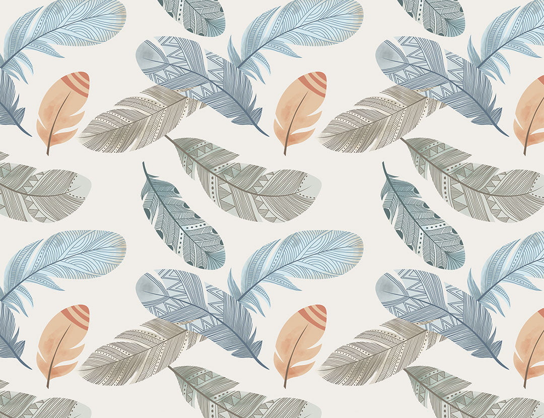 Blue, orange and gray feathers patterned wallpaper in Boho style