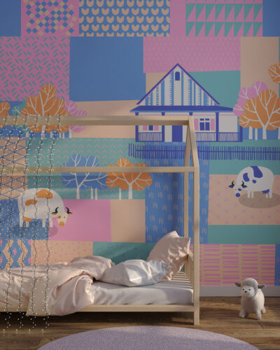 Bright hut with cows wall mural for a children's room