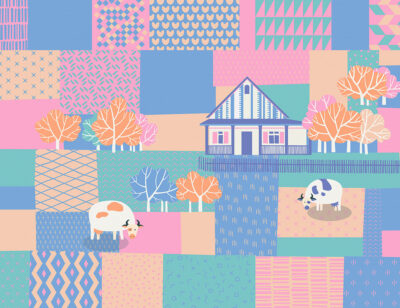Hut and cows wall mural in bright blue, pink and orange colors