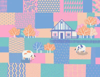 Hut and cows wall mural in bright blue, pink and orange colors