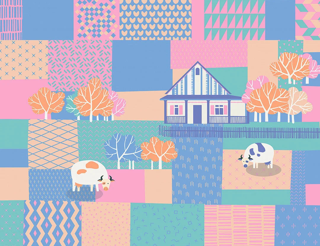 Hut and cows wall mural in bright blue, pink and orange colors