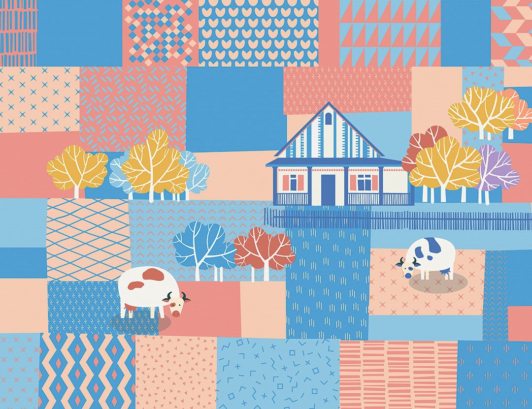 Hut and cows wall mural in bright red, blue and beige colors