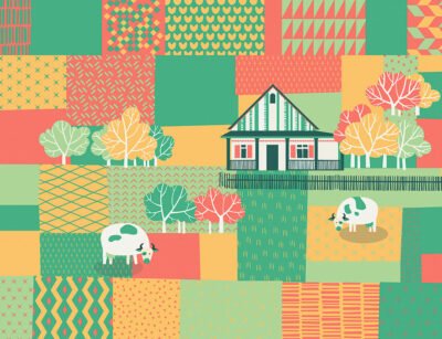 Hut and cows wall mural in bright red, green and yellow colors