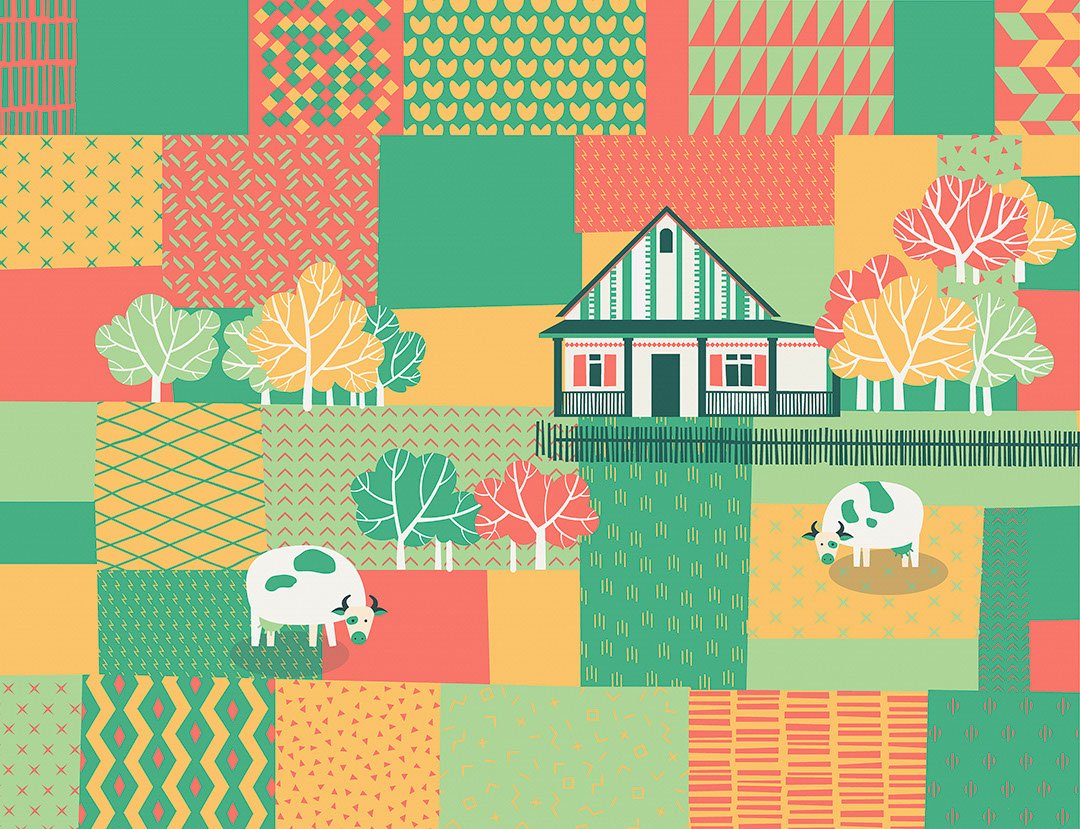 Hut and cows wall mural in bright red, green and yellow colors