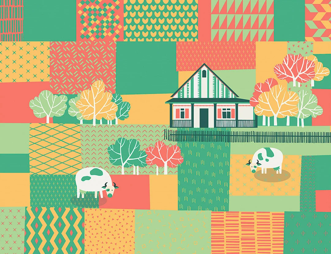 Hut and cows wall mural in bright red, green and yellow colors