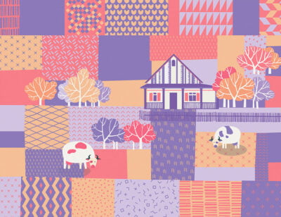 Hut and cows wall mural in bright violet, crimson and orange colors