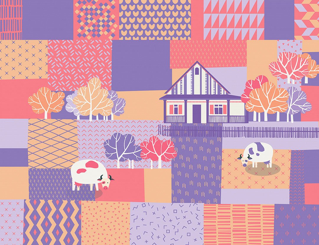 Hut and cows wall mural in bright violet, crimson and orange colors