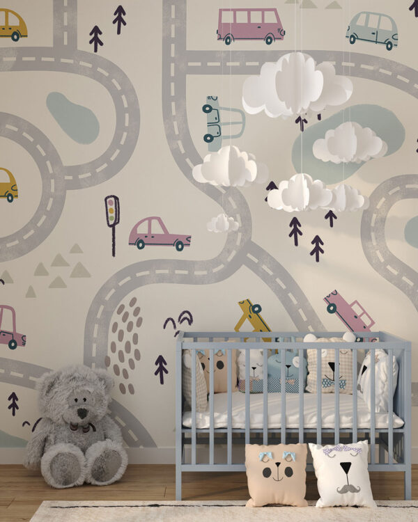 Car track wall mural for a children's room