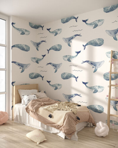 Delicate watercolor whales patterned wallpaper for a children's room