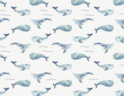 Delicate blue watercolor whales and waves patterned wallpaper