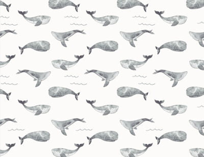 Delicate gray watercolor whales and waves patterned kids wallpaper