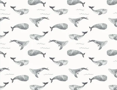 Delicate gray watercolor whales and waves patterned kids wallpaper