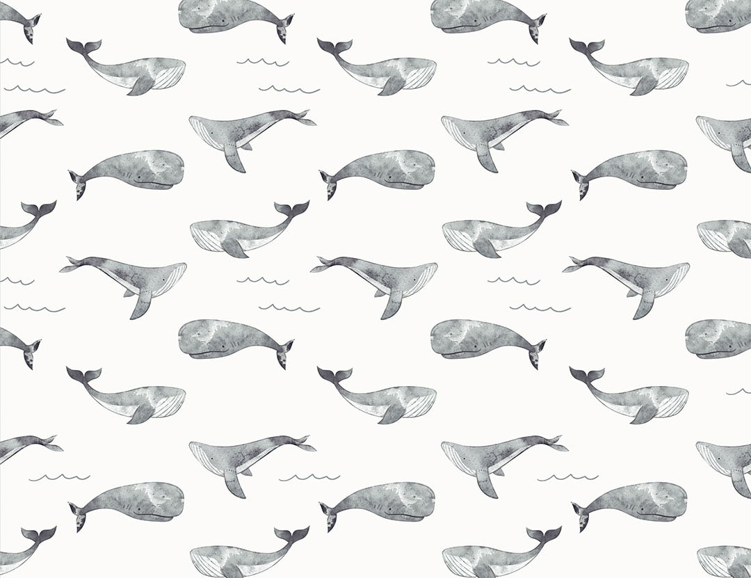 Delicate gray watercolor whales and waves patterned kids wallpaper