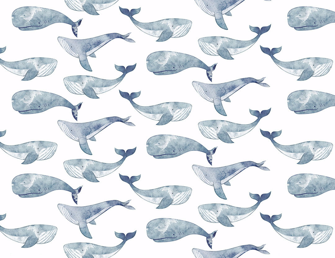 Delicate blue watercolor whales patterned kids wallpaper
