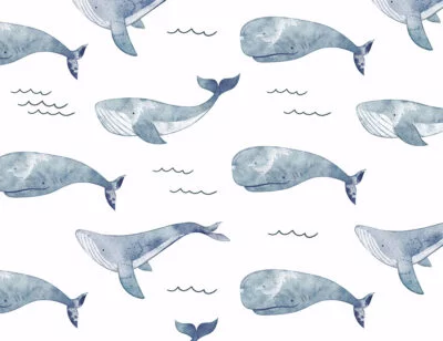 Big blue watercolor whales and waves patterned wallpaper