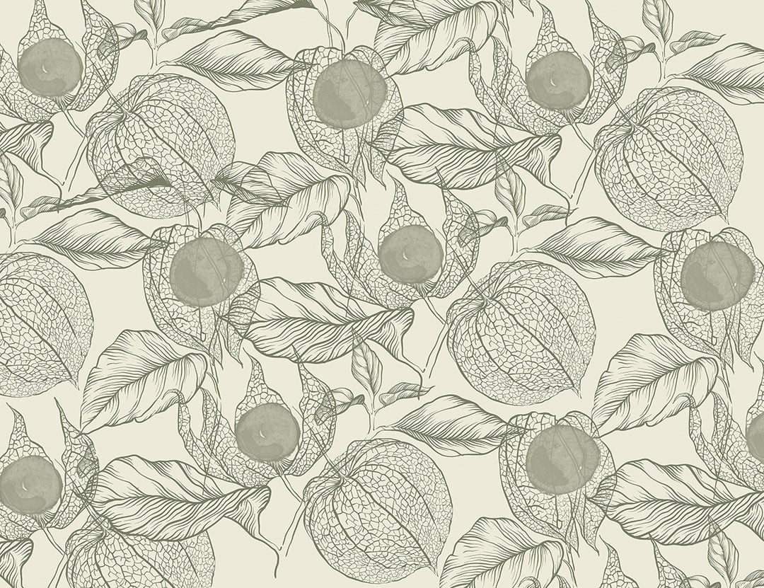 Green physalis flowers patterned wallpaper