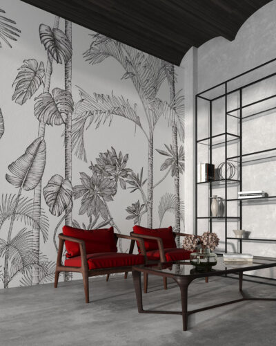 Minimalistic tropical wall mural in graphic style for the living room