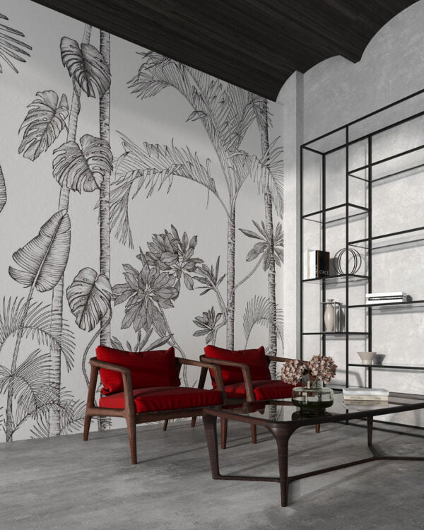 Minimalistic tropical wall mural in graphic style for the living room